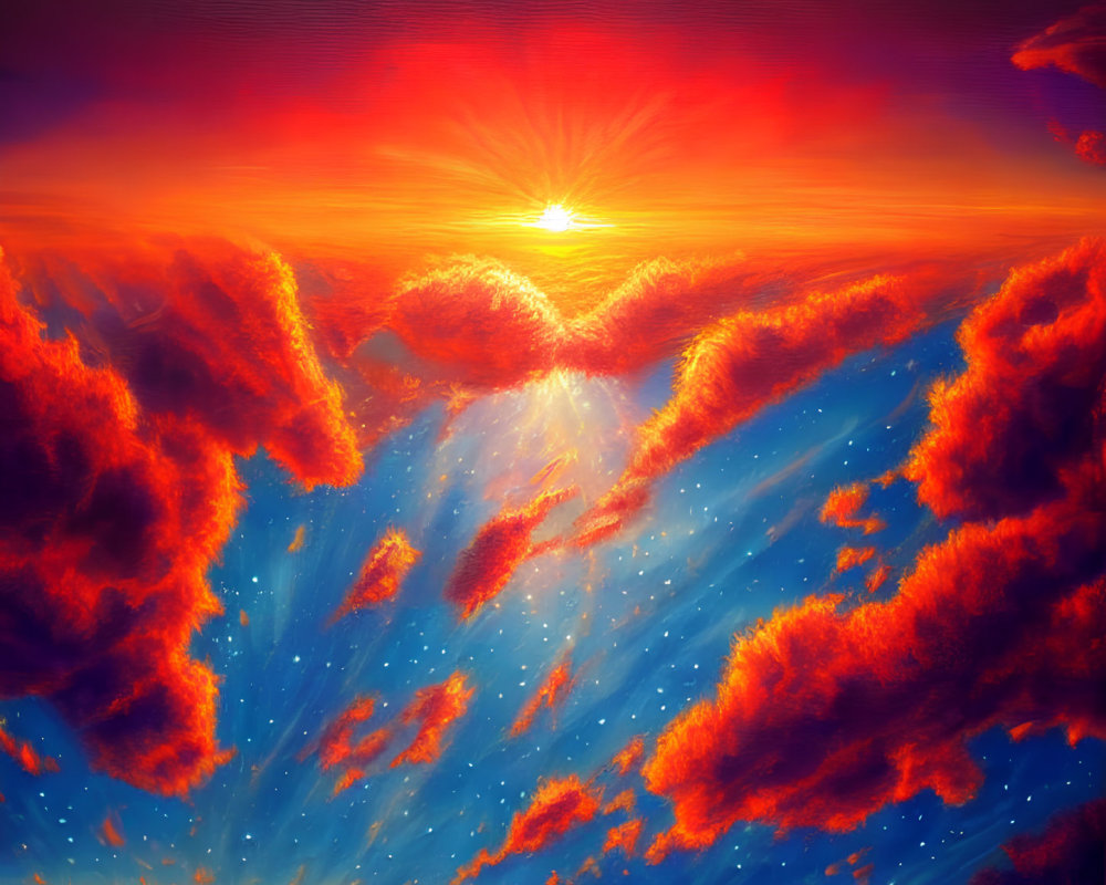 Vivid Sunset with Radiant Clouds and Sunbeams