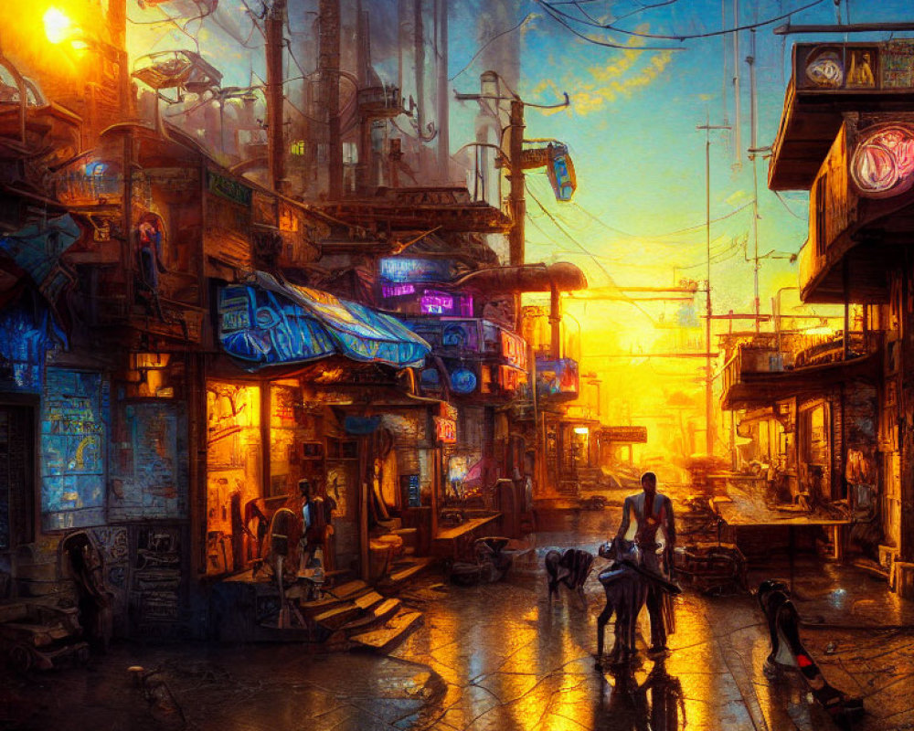 Bustling cyberpunk street with neon signs and pedestrians at sunset