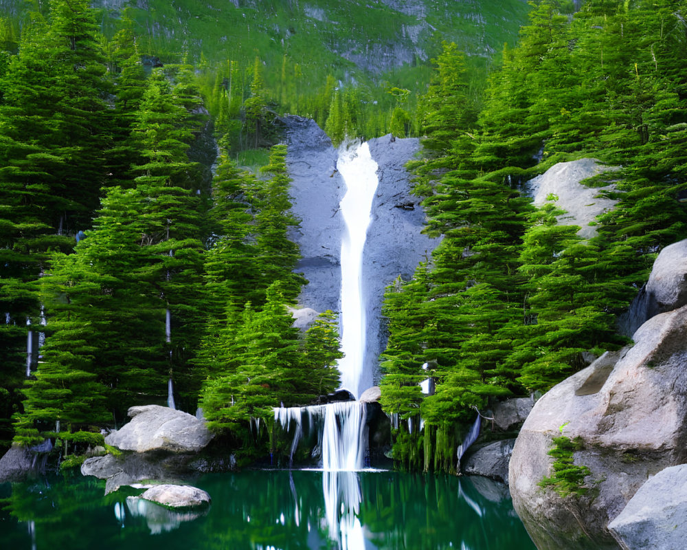 Tranquil waterfall surrounded by pine trees and rocks