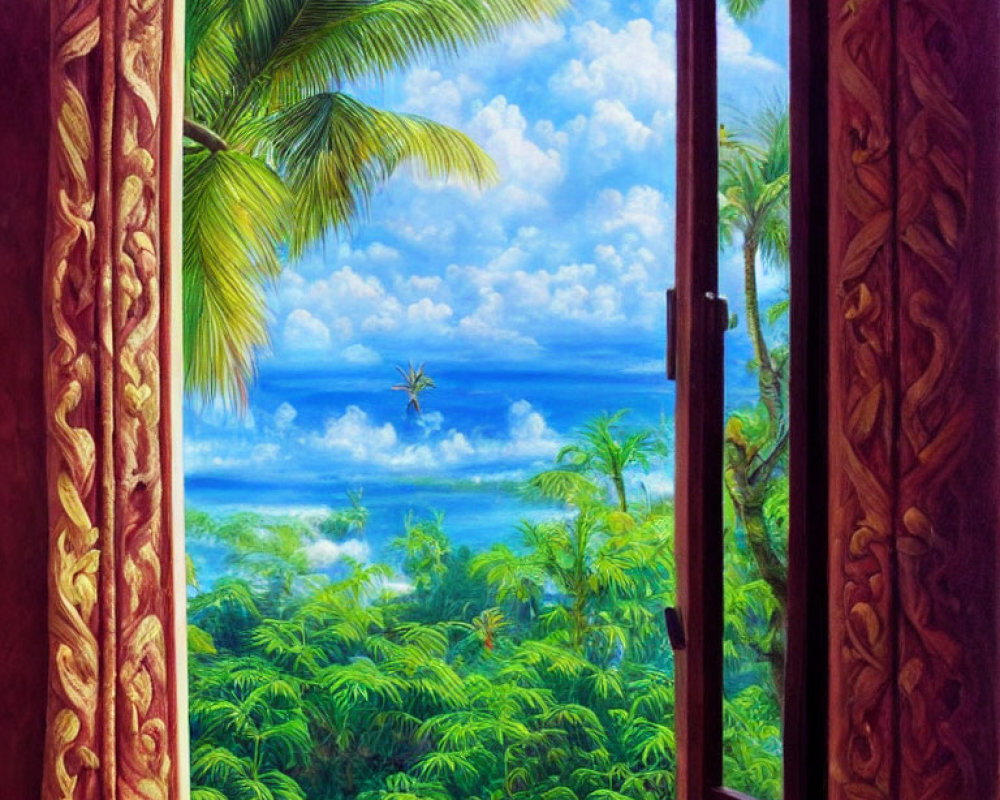 Colorful painting of open window with wooden shutters overlooking tropical landscape
