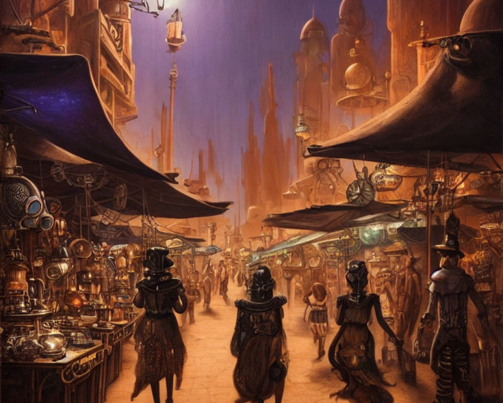 Steampunk marketplace with Victorian attire, brass gears, and towering spires