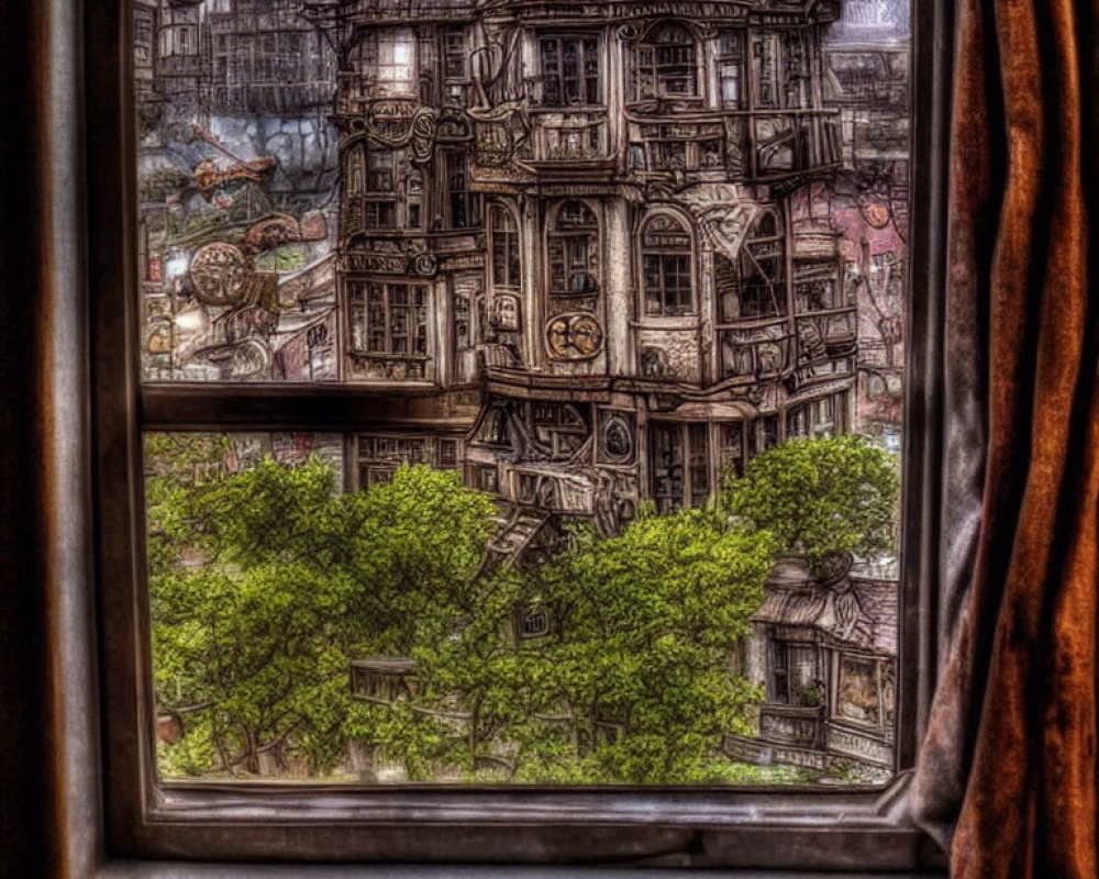 Surreal window view of intricate clock structure with greenery