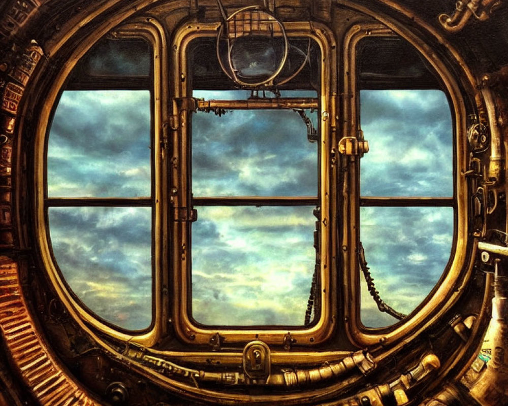 Circular brass-framed porthole with cloudy sky and machinery inside