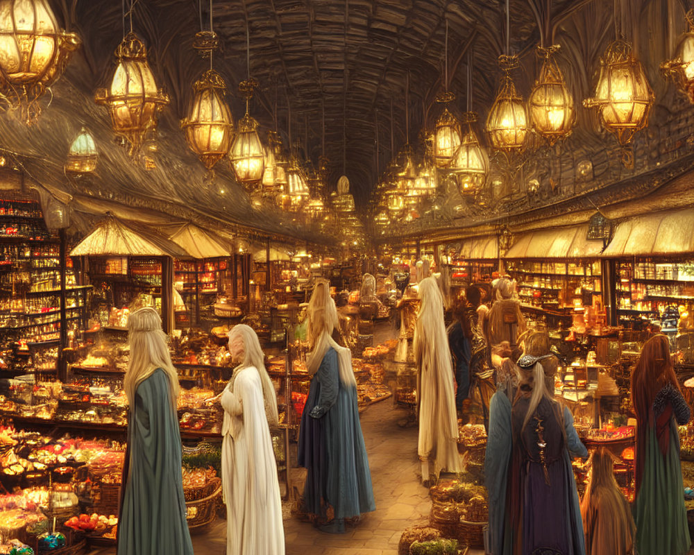 Detailed Fantasy Marketplace with Arched Ceiling and Colorful Stalls