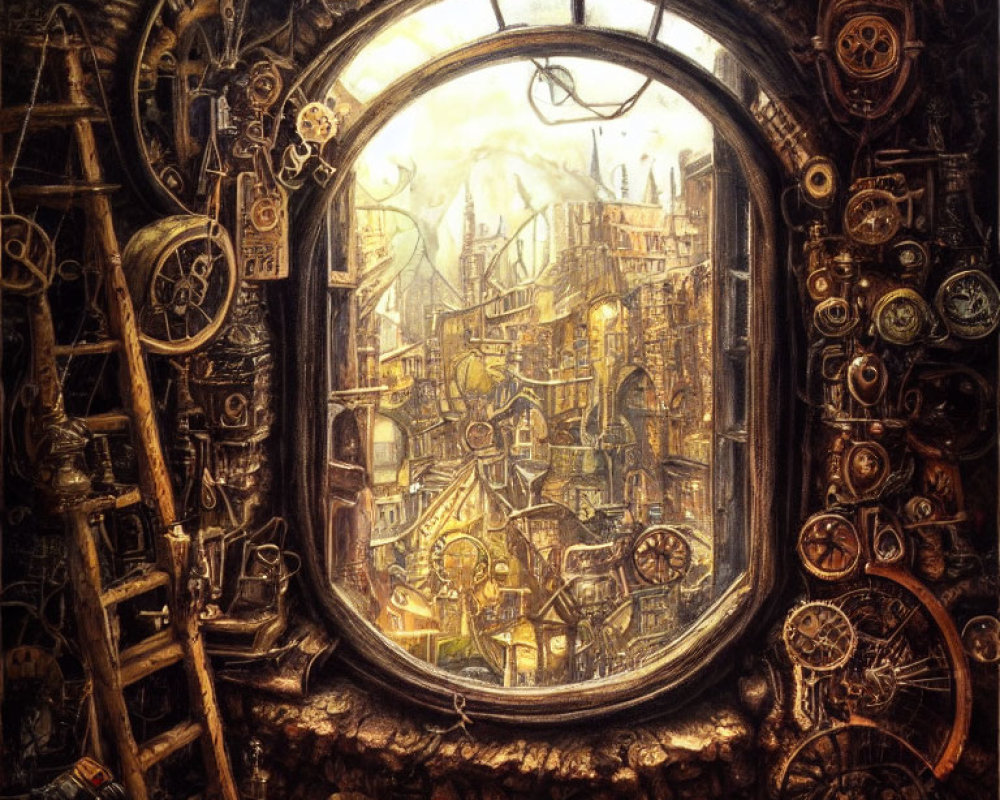 Steampunk-inspired circular window with gears and cityscape view