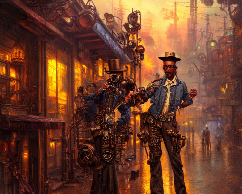Steampunk-style characters in bustling alley at dusk with intricate machinery.