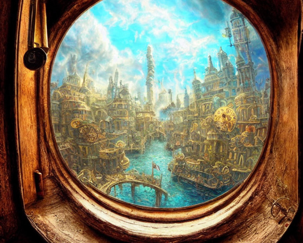 Steampunk cityscape with intricate buildings and gears viewed through circular window