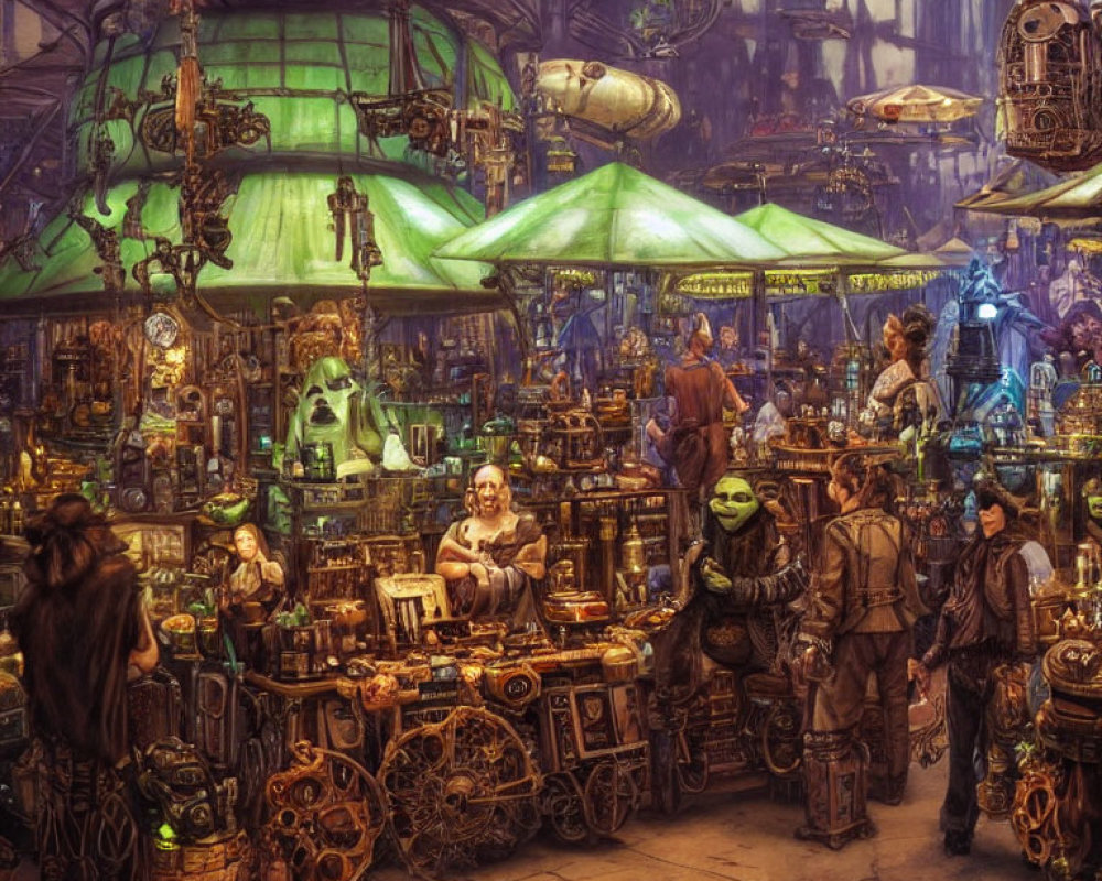 Steampunk-style market with diverse stalls and individuals.