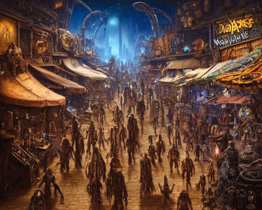 Vibrant sci-fi market with alien creatures, robots, and futuristic tech under blue sky
