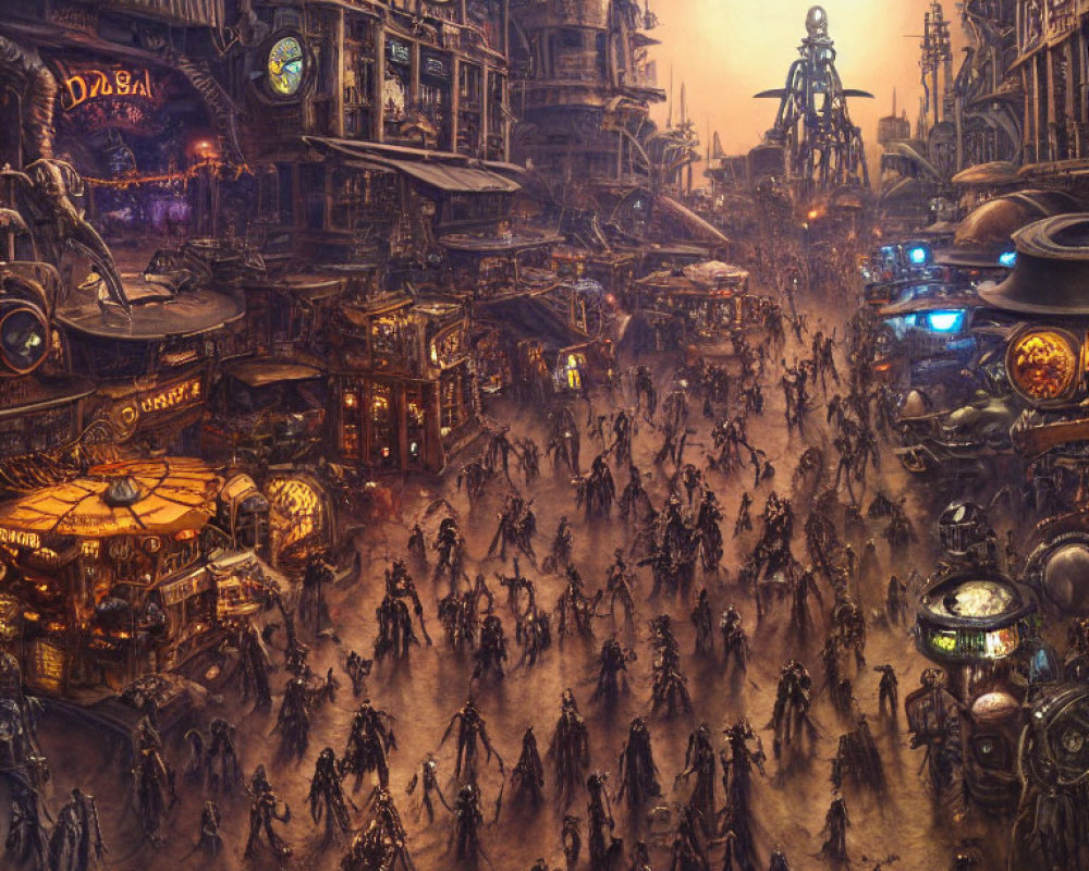 Futuristic sci-fi cityscape with neon signs and dense crowds