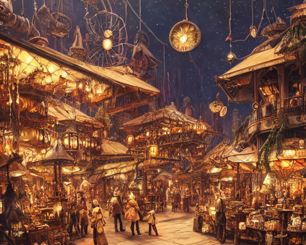 Fantasy market scene with glowing lights and wooden structures