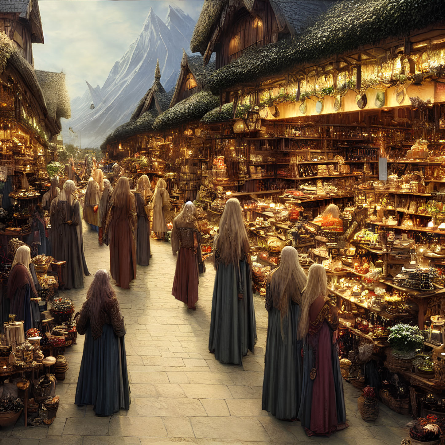 Medieval fantasy marketplace with vendors and shoppers under twilight sky