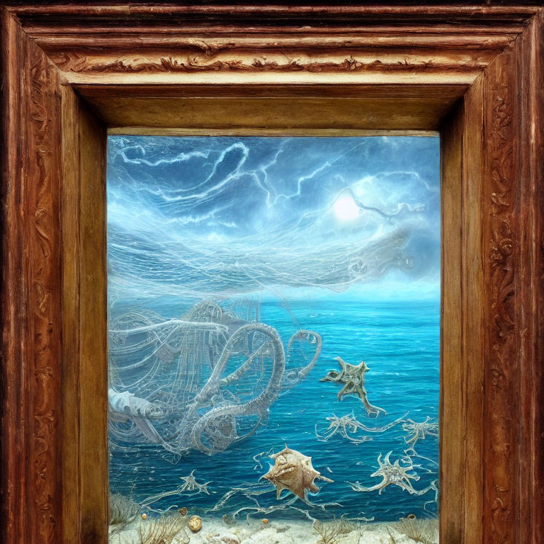 Framed artwork of underwater scene with jellyfish and starfish under stormy sky
