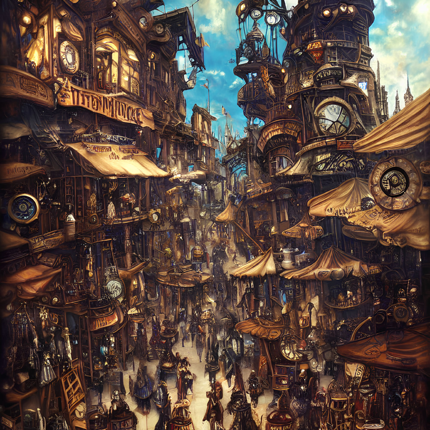 Steampunk cityscape with intricate buildings, cogs, gears, and Victorian-clad citizens.