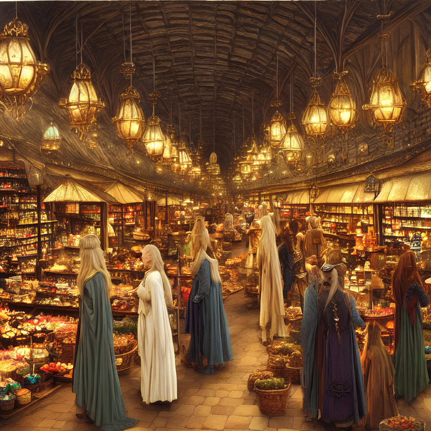 Detailed Fantasy Marketplace with Arched Ceiling and Colorful Stalls