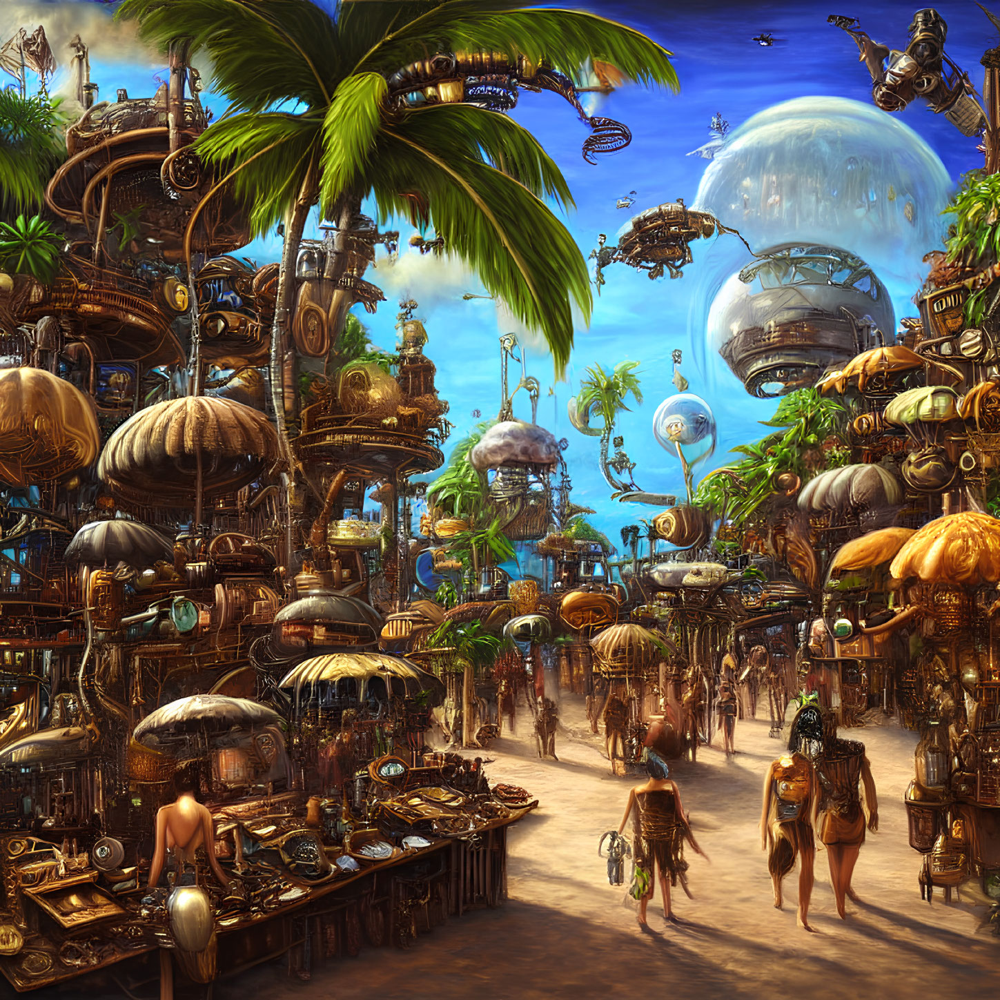 Steampunk marketplace with floating orbs, tropical trees, intricate machinery, and diverse attire.