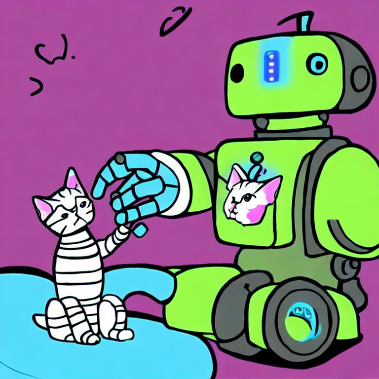 Green robot with blue screen face interacts with striped cat on purple background