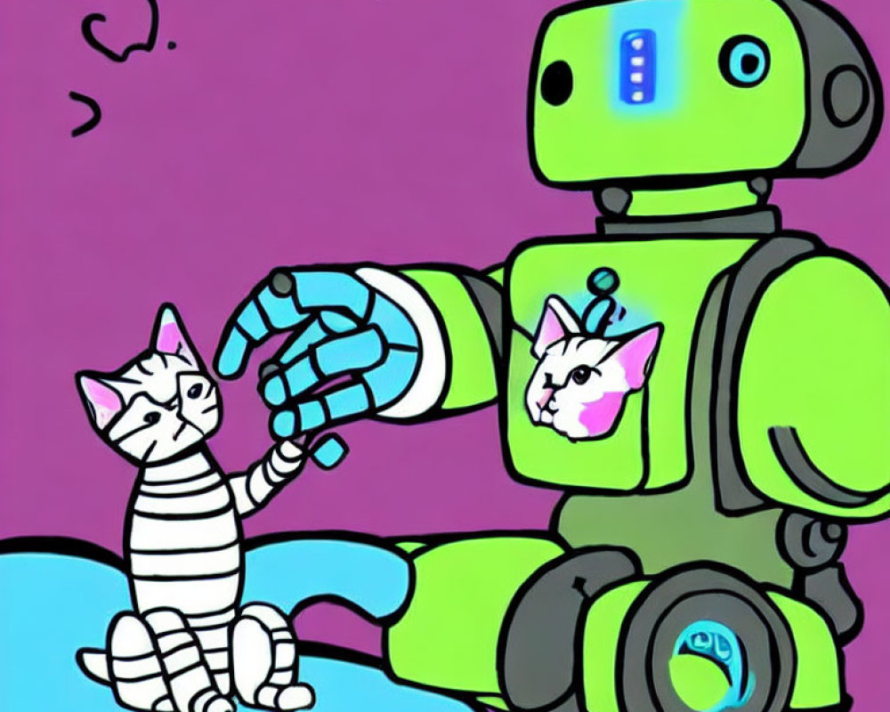 Green robot with blue screen face interacts with striped cat on purple background