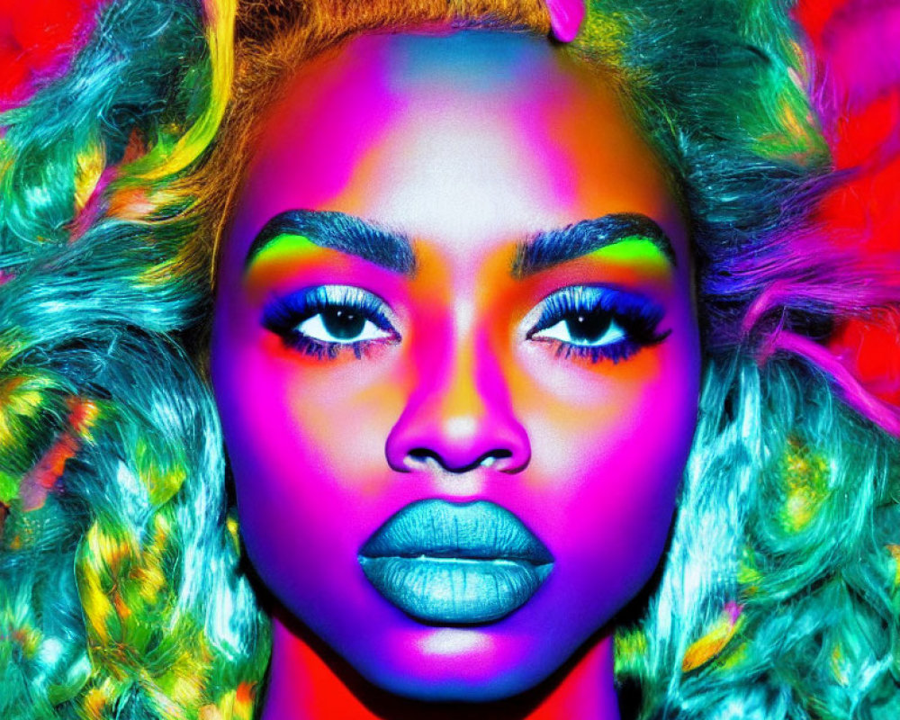 Colorful portrait of woman with multicolored hair and neon makeup on red backdrop