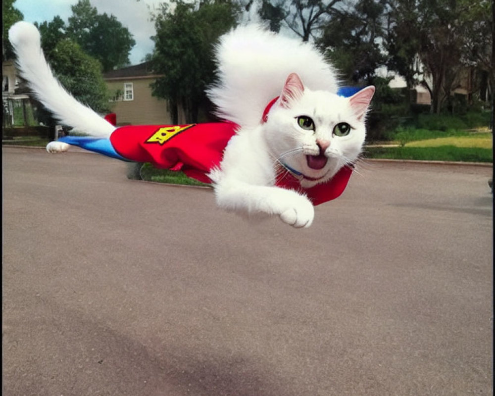 White Cat in Superman Costume Flying with Blurred Background