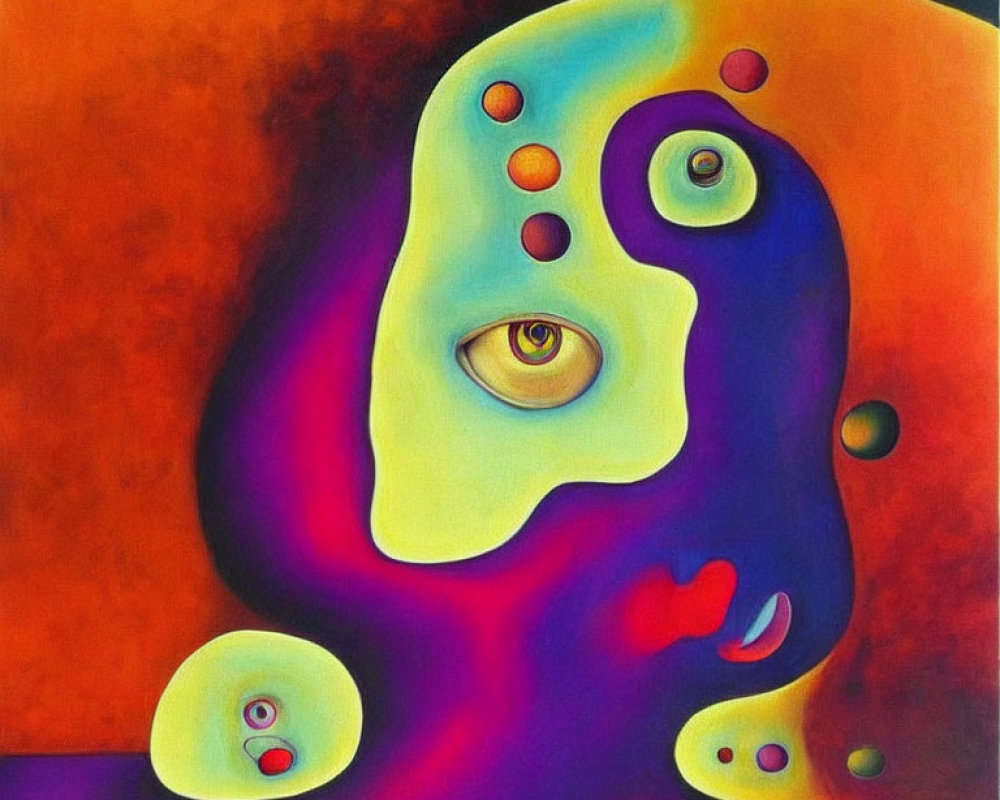 Vibrant abstract painting: distorted face, mismatched eyes, floating orbs, red, purple,