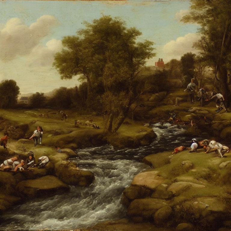 Rural landscape with people near stream and buildings