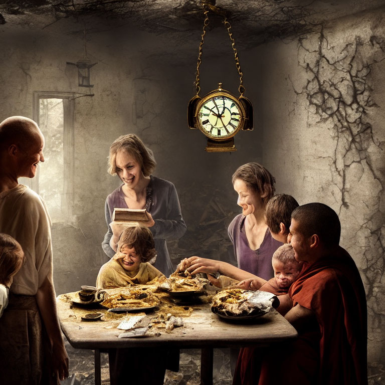 Family enjoying meal under golden clock in cozy rustic scene