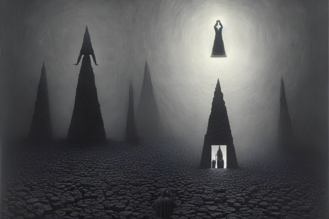 Surreal landscape with dark spires, figure, archway, and levitating woman.
