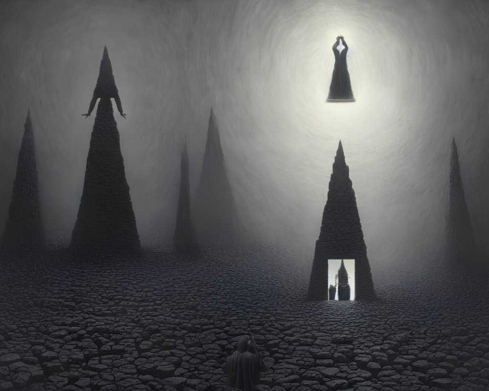 Surreal landscape with dark spires, figure, archway, and levitating woman.