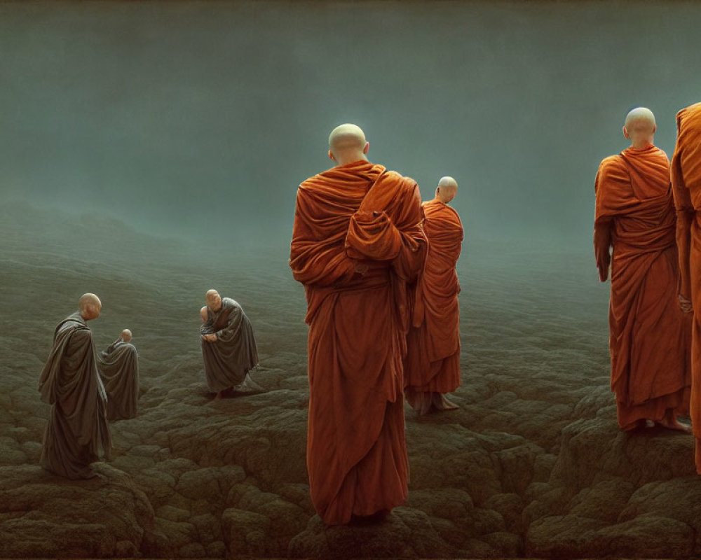 Orange-robed monks walking on rocky terrain with misty background