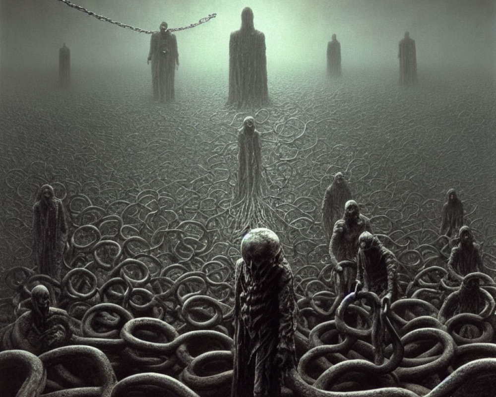 Dark, eerie artwork with ghostly figures, chains, and serpentine creatures in misty landscape