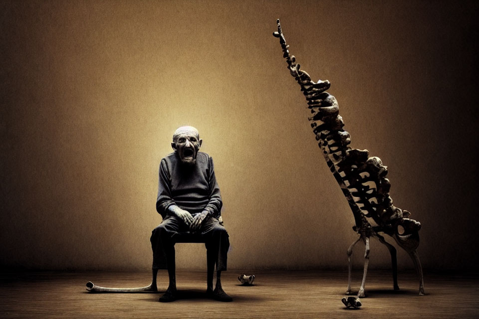 Elderly man observing skeleton evolution scene with bone on floor