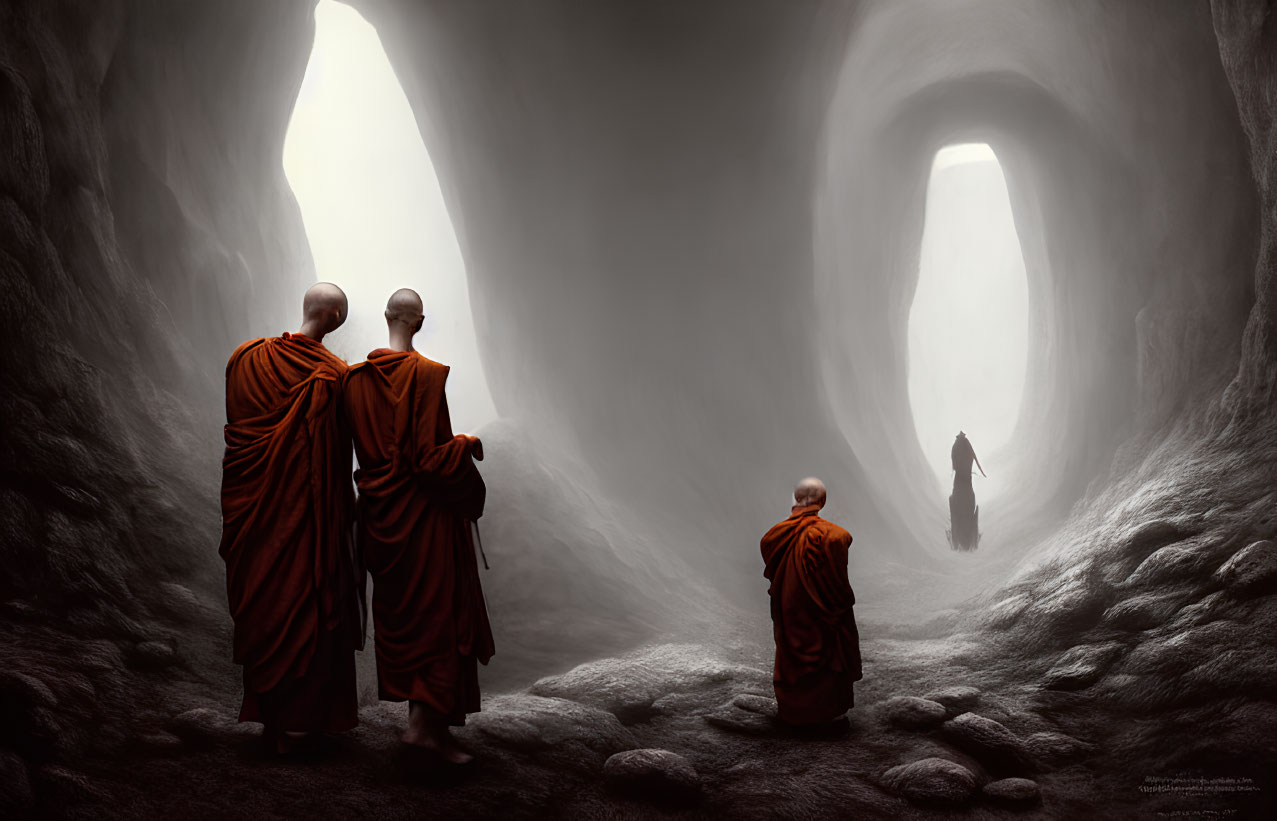Three monks in orange robes in misty cavernous space