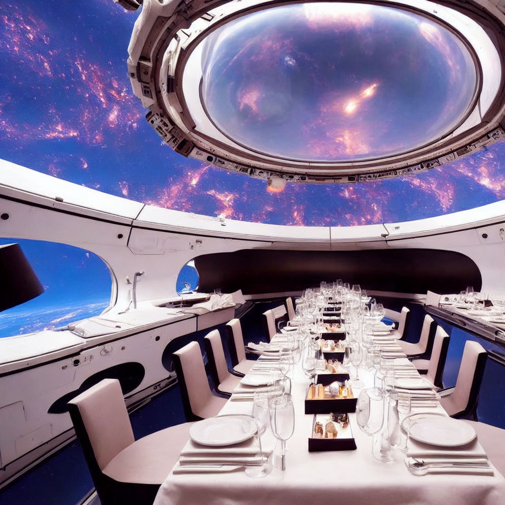 Elegant space-themed restaurant with cosmic view for fine dining