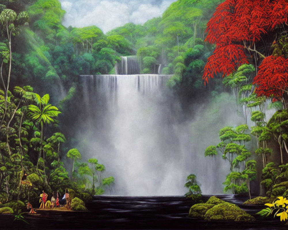 Colorful jungle waterfall scene with people by water's edge
