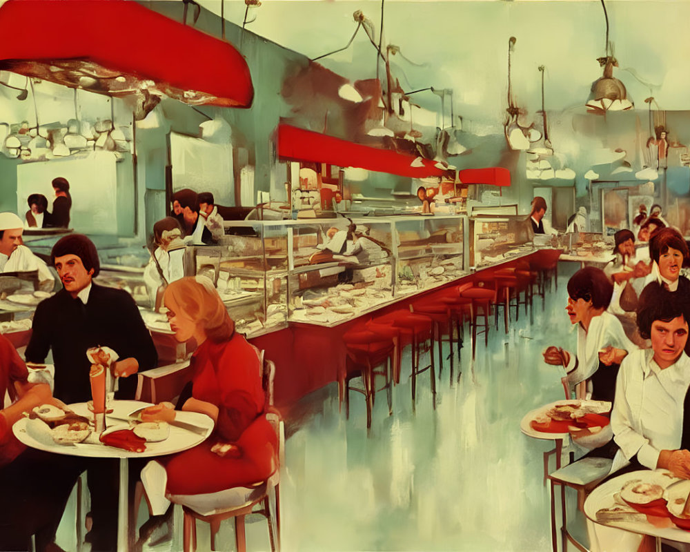 Vintage Diner Scene with Red Bar Stools & Turquoise Color Scheme