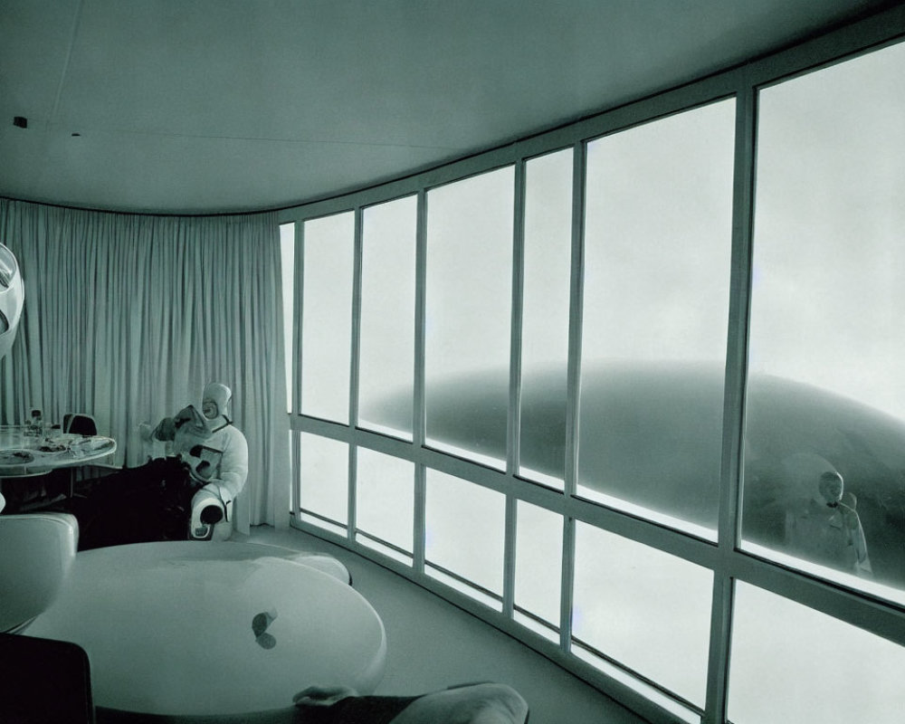 Monochromatic interior with person in space suit gazing at futuristic window and spherical structure