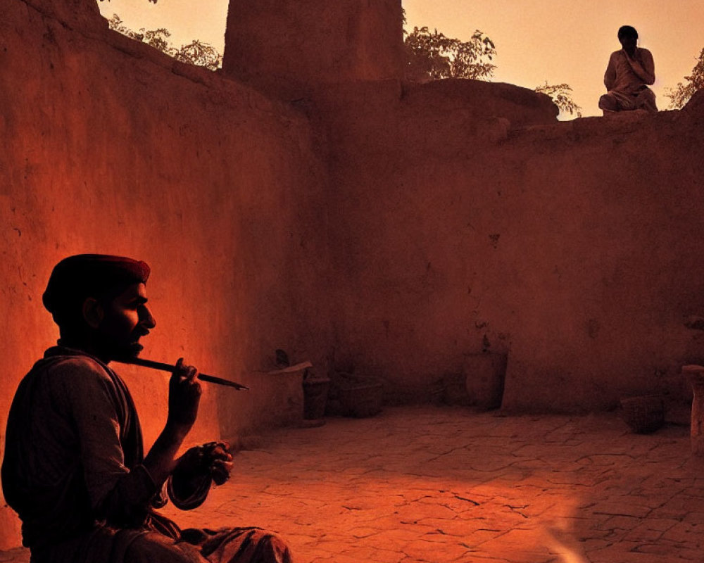 Man playing flute in courtyard at sunset with two others in background