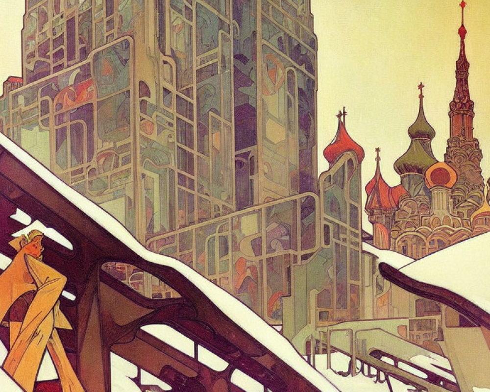 Colorful Illustration of Futuristic Cityscape with Person, Buildings, and Train