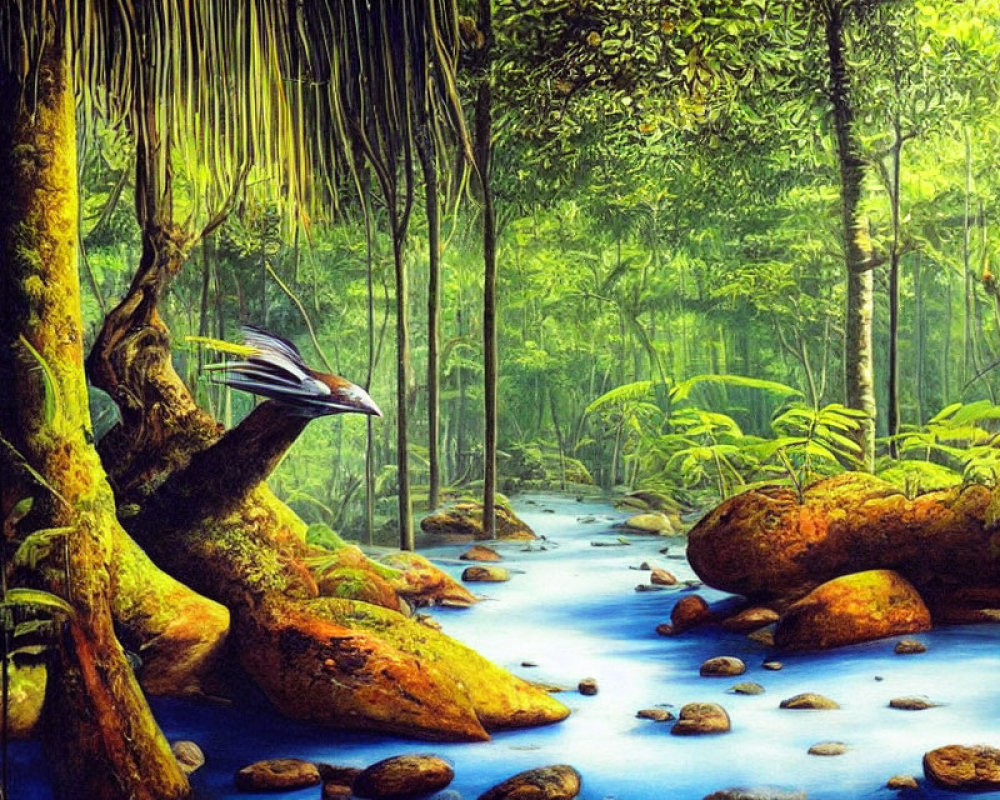 Lush Jungle Scene with Stream and Colorful Bird