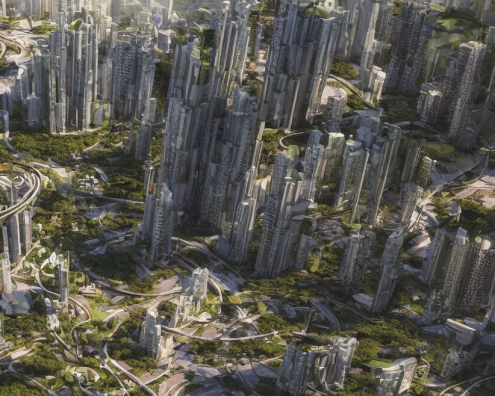 Futuristic cityscape with skyscrapers, greenery, and flying vehicles