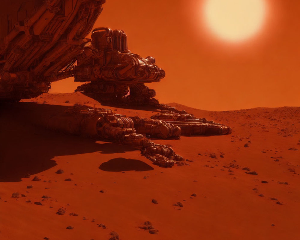 Futuristic spacecraft on red Martian terrain at sunset