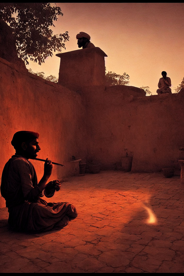 Man playing flute in courtyard at sunset with two others in background
