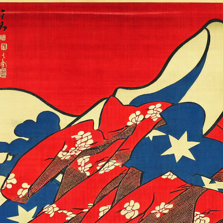 Traditional Japanese Woodblock Print: Red Background, Blue and White Wave with Floral Patterns