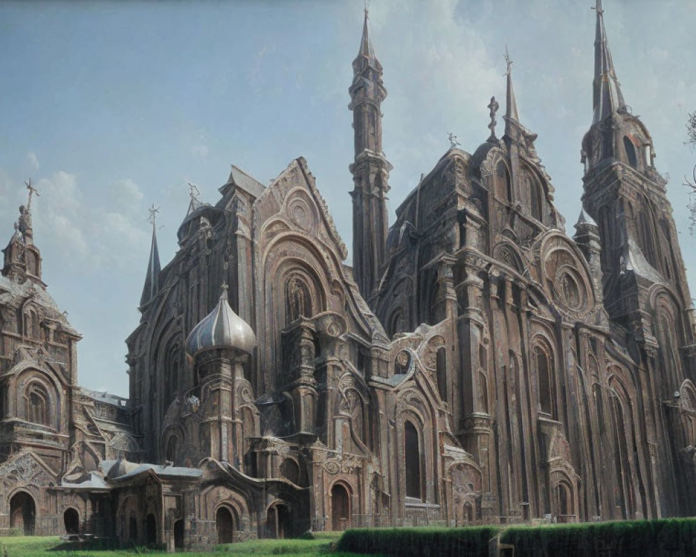 Gothic Cathedral with Ornate Towers and Flying Buttresses