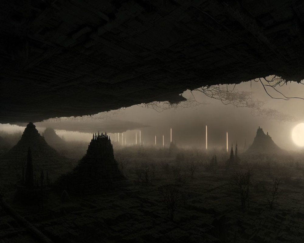 Eerie landscape with ruins silhouettes under gloomy sky