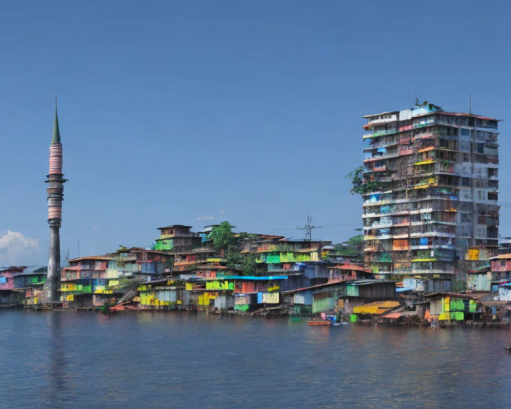 Vibrant waterfront buildings and tall minaret against clear blue sky