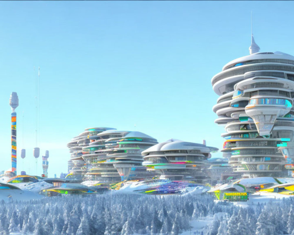 Futuristic cityscape with circular buildings in snowy landscape & flying vehicles