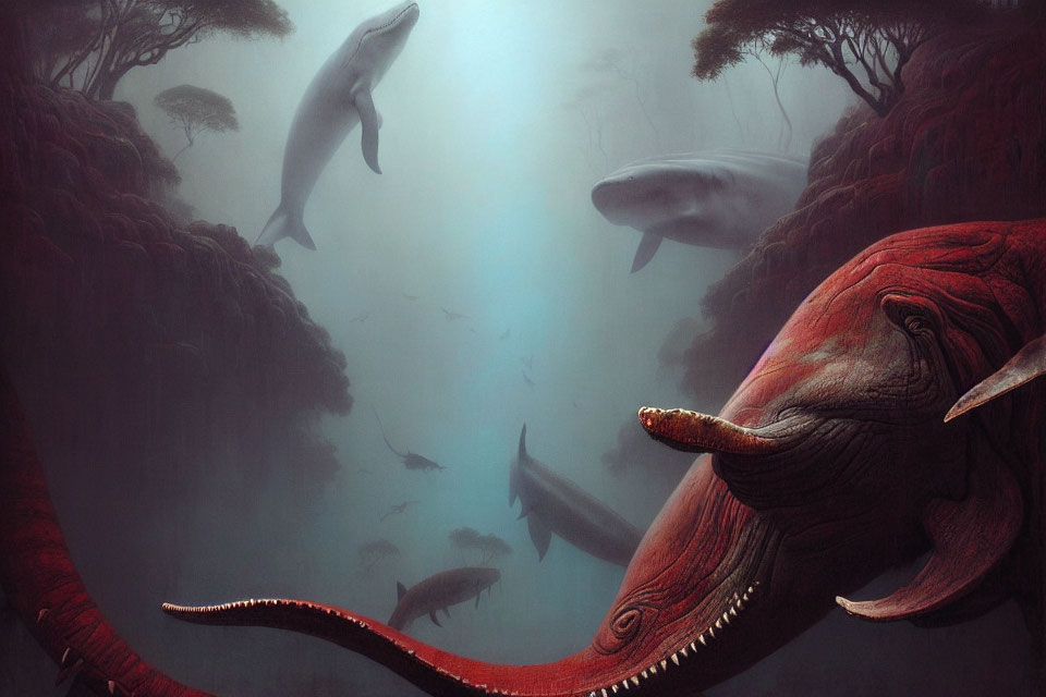 Surreal underwater forest with whales, octopus - nature scene