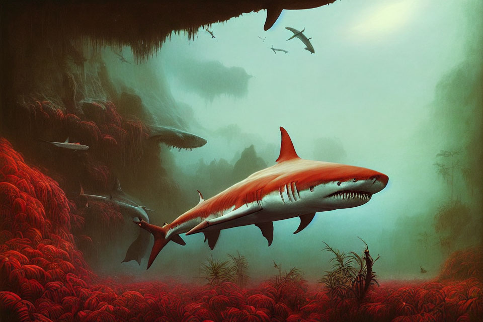 Surreal underwater scene with sharks, red flora, and birds in misty green environment